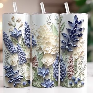 3D Blue and White Flowers 20oz straight Tumbler with straw included